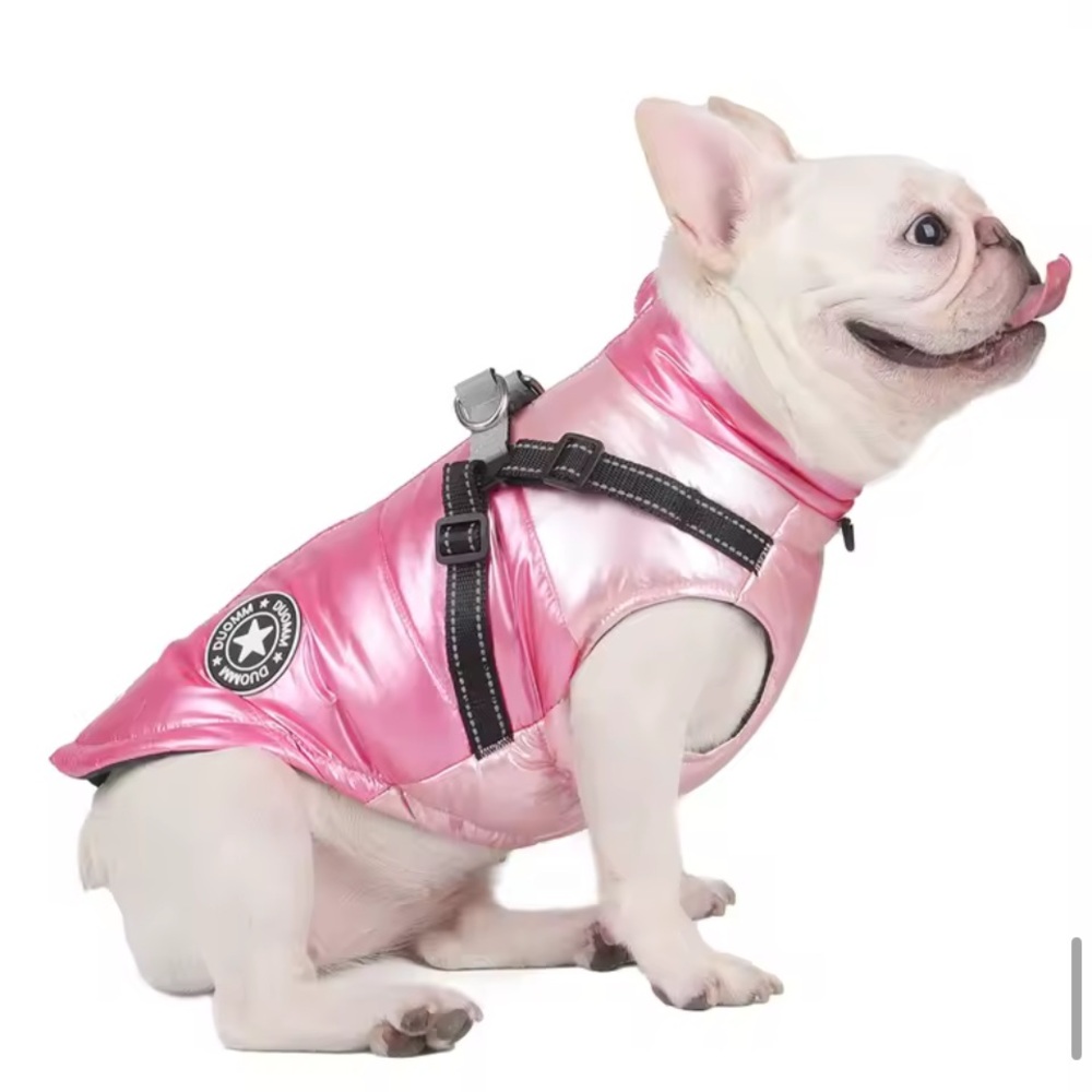 Pink Dog Puffer Jacket with Black Zipper & Built in Harness - Picture 4 of 14